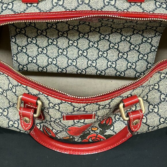 Gucci Boston Joy Tattoo Print Red w/ Blue GG Plus Handbag Bag Purse 189895 - Picture 9 of 16